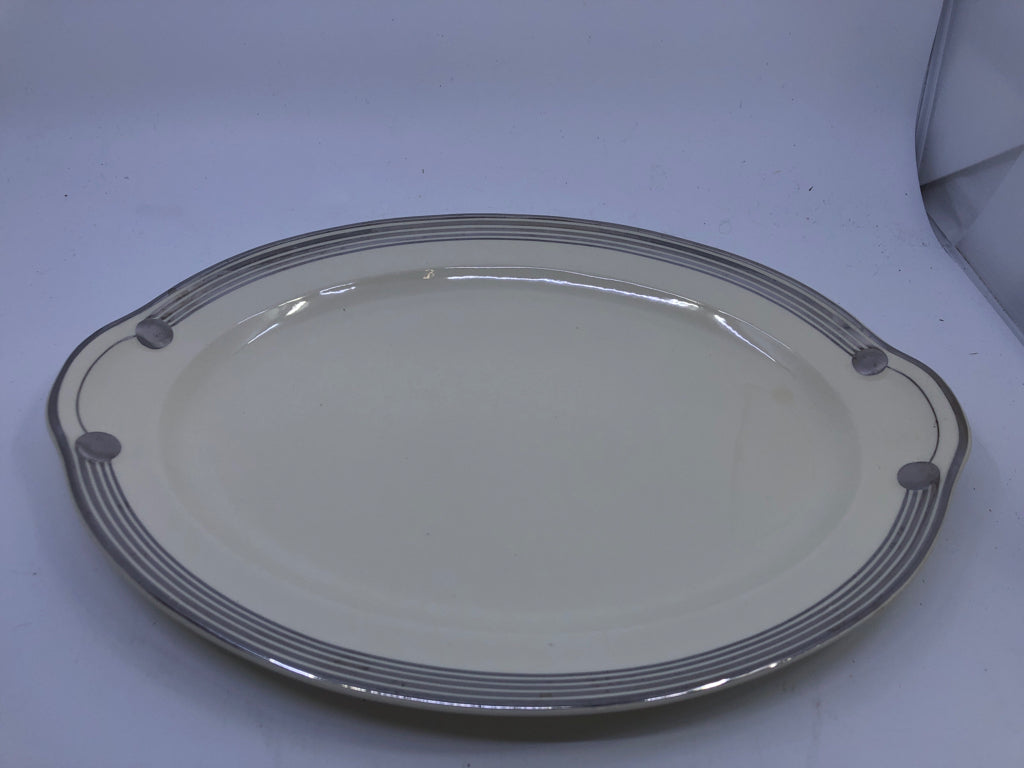 VTG CREAM W/SILVER TRIM  OVAL SERVING PLATE.