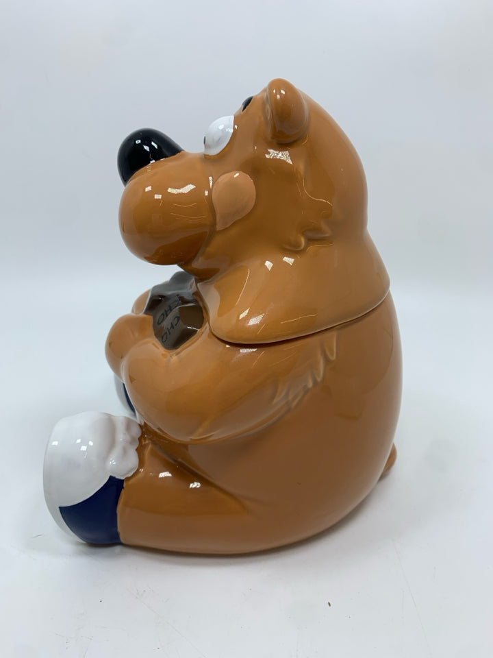 VTG SID BEAR CHOCOLATE BAR CERAMIC CANDY JAR W/LID.