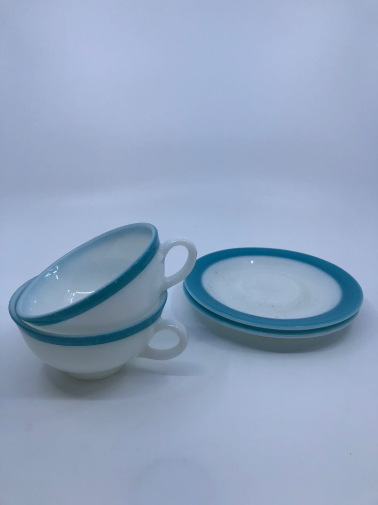 2 VTG BLUE RIM CUP AND SAUCERS.