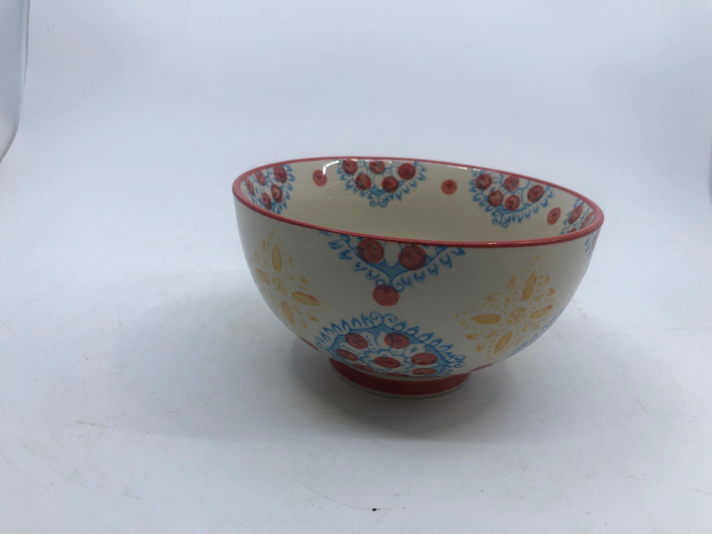 CERAMIC BOWL RED DOTS/BLUE LACE PATTERN.
