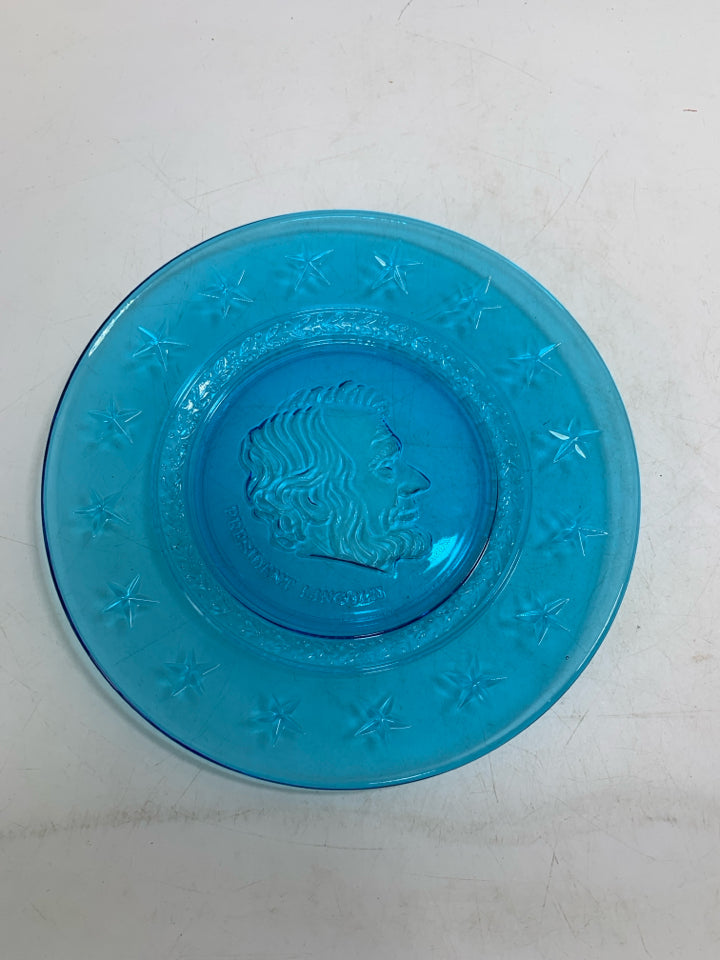 VTG BLUE GLASS PRESIDENT LINCOLN PLATE.