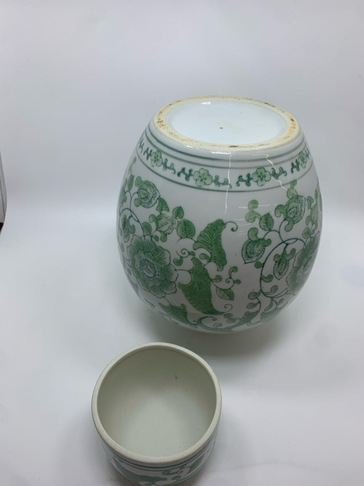 LG GREEN FLORAL GINGER JAR.