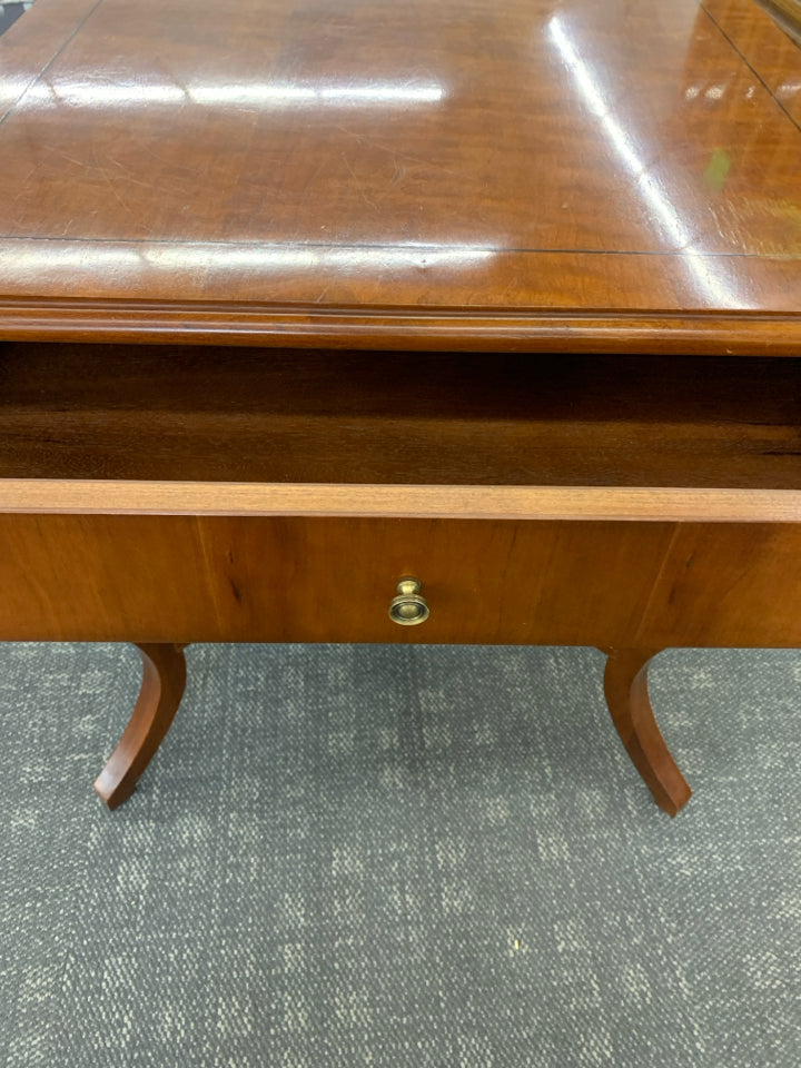 CHERRY WOOD SIDE TABLE W/1 DRAWER+LOWER SHELF.
