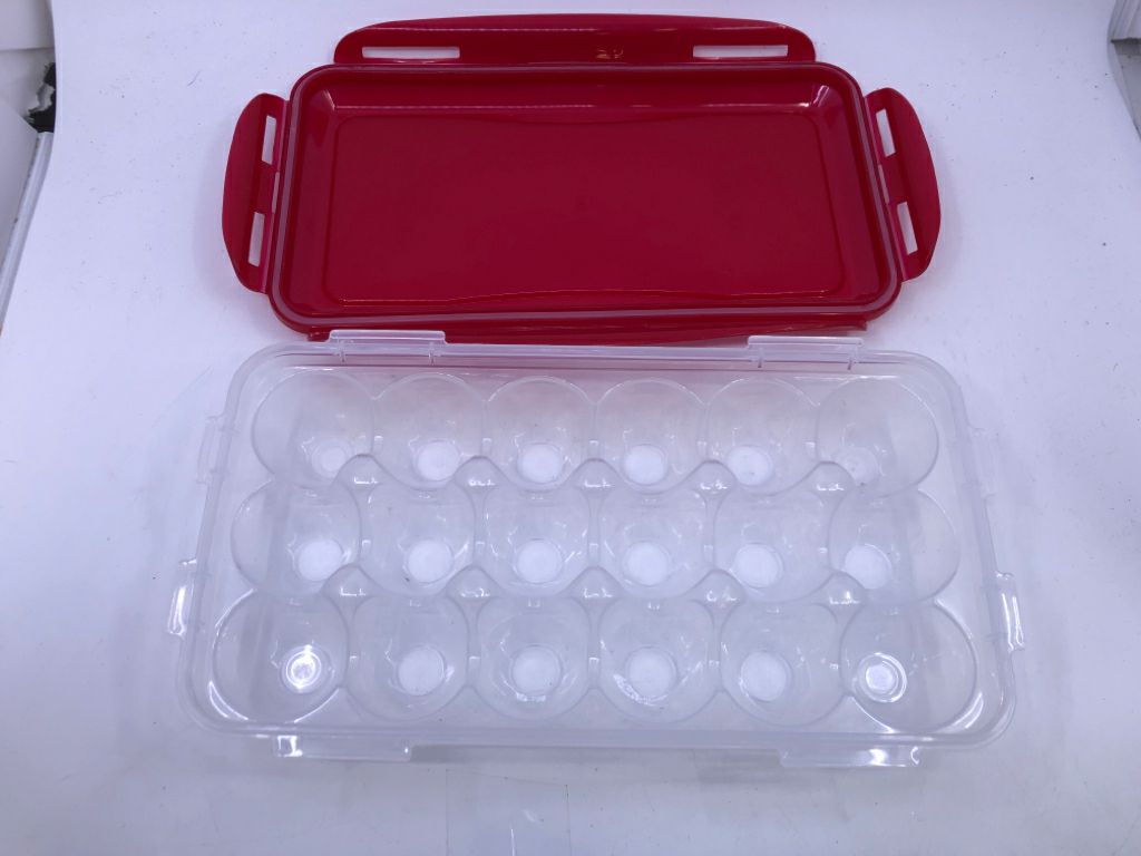 PLASTIC EGG STORAGE WITH RED LOCK LID.