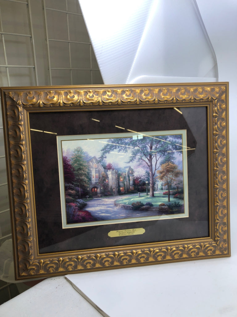 THOMAS KINKADE "LAMPLIGHT BRIDGE" W MAROON WALL ART.