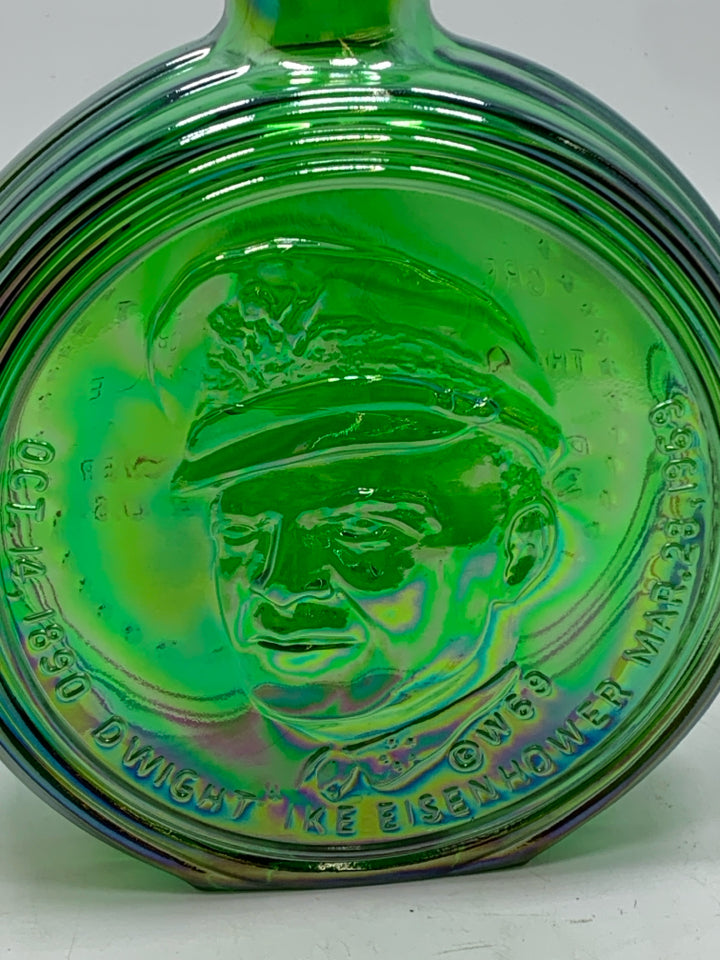 VTG GREEN IRIDESCENT GLASS EISENHOWER EMPTY BOTTLE.