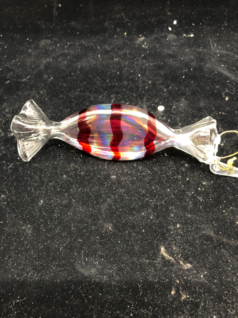 RED STRIPED GLASS CANDY ORNAMENT.