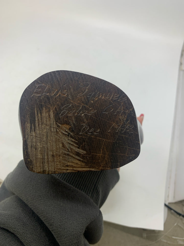ABSTRACT DARK WOOD CARVED FIGURE DONUT HOLE SIGNED BOTTOM.