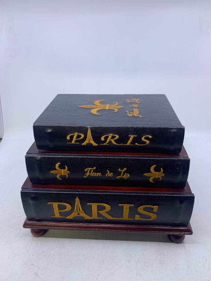 FOOTED 3 STACKED BOOKS W/ DRAWERS EMBROIDERED WORDS PARIS.