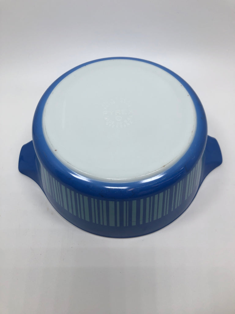 VTG "BARCODE" BLUE STRIPE CASSEROLE DISH - PYREX.