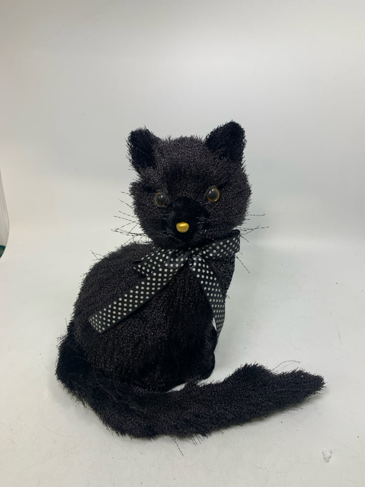 LIGHT WEIGHT SITTING FURRY BLACK CAT W/ RIBBON.