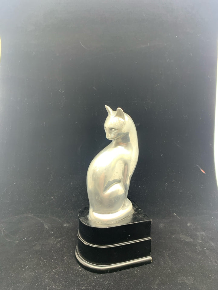 HEAVY SILVER METAL CAT ON BLACK STAND.