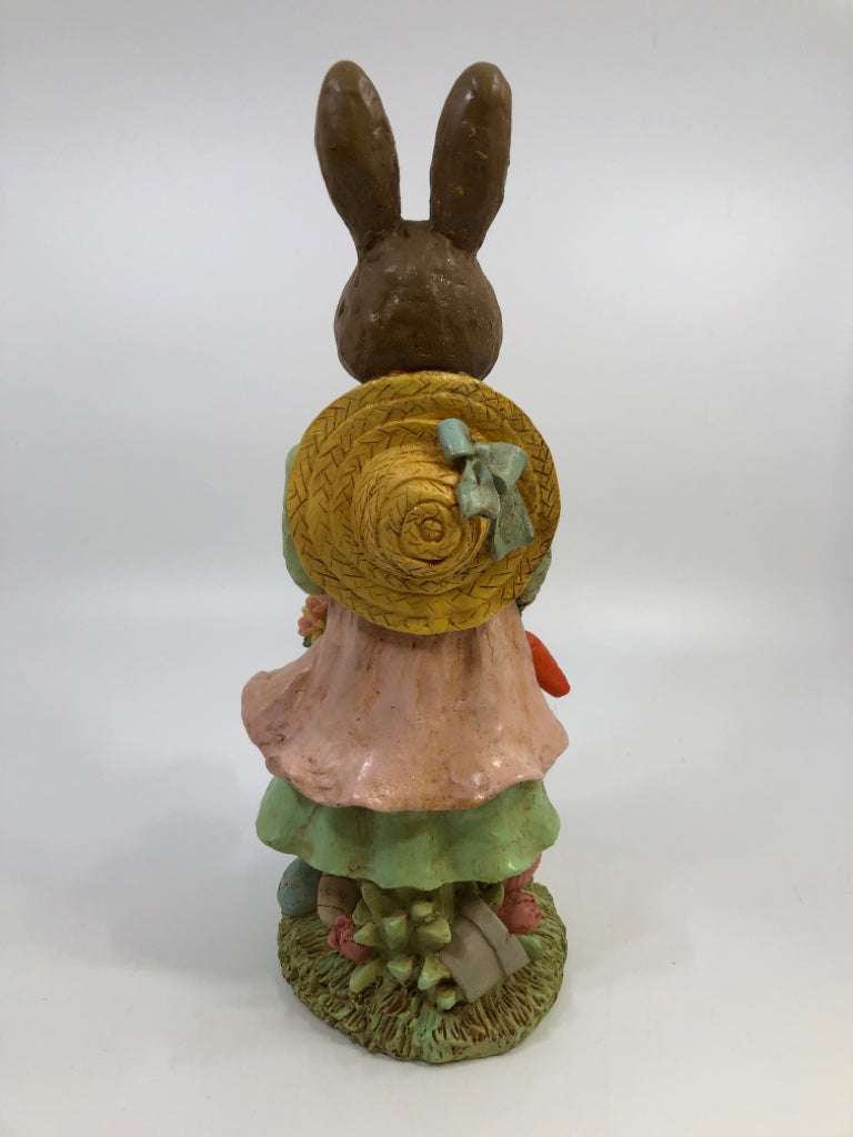MRS EASTER BUNNY HOLDING FLOWER BASKET FIGURINE.