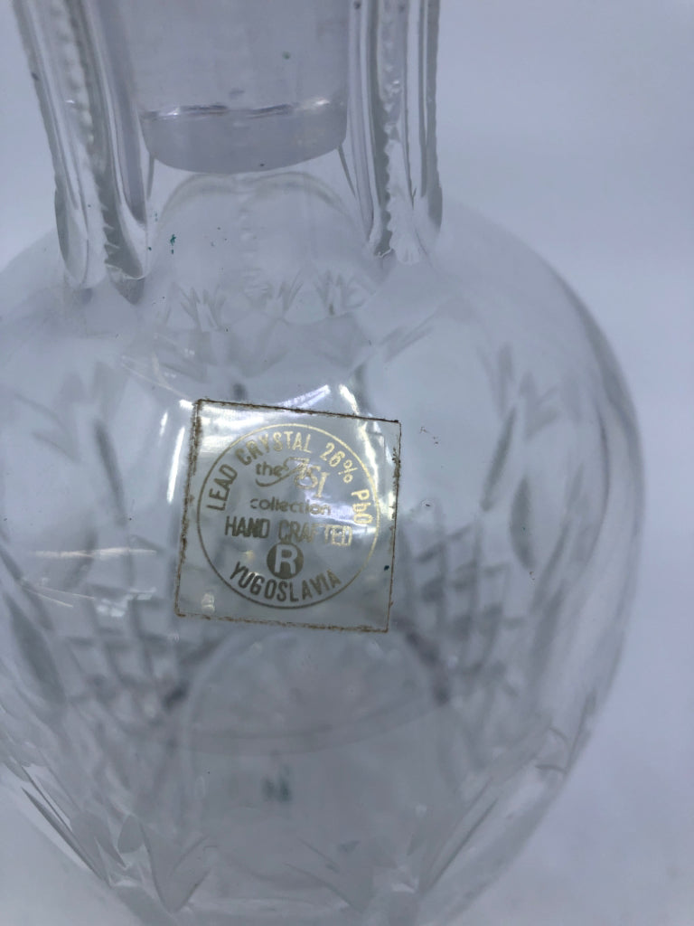 LEAD CRYSTAL DECANTER W/ DIAMOND PATTERN BOTTOM EMBOSSED ETCHED FLOWERS.