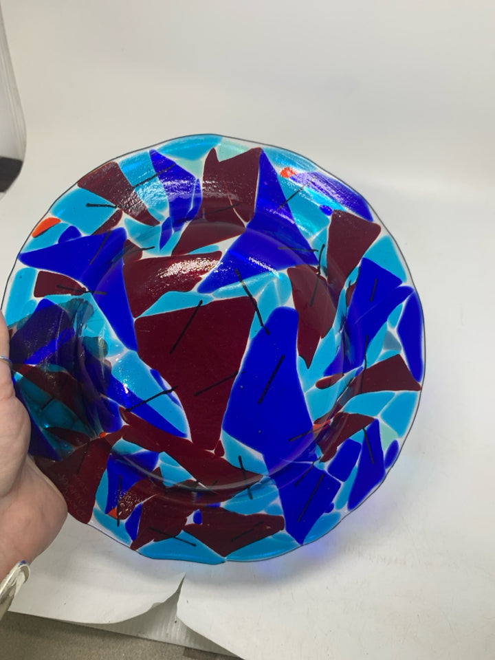 RED/COBALT BLUE TRIANGLES BLOWN GLASS BOWL.