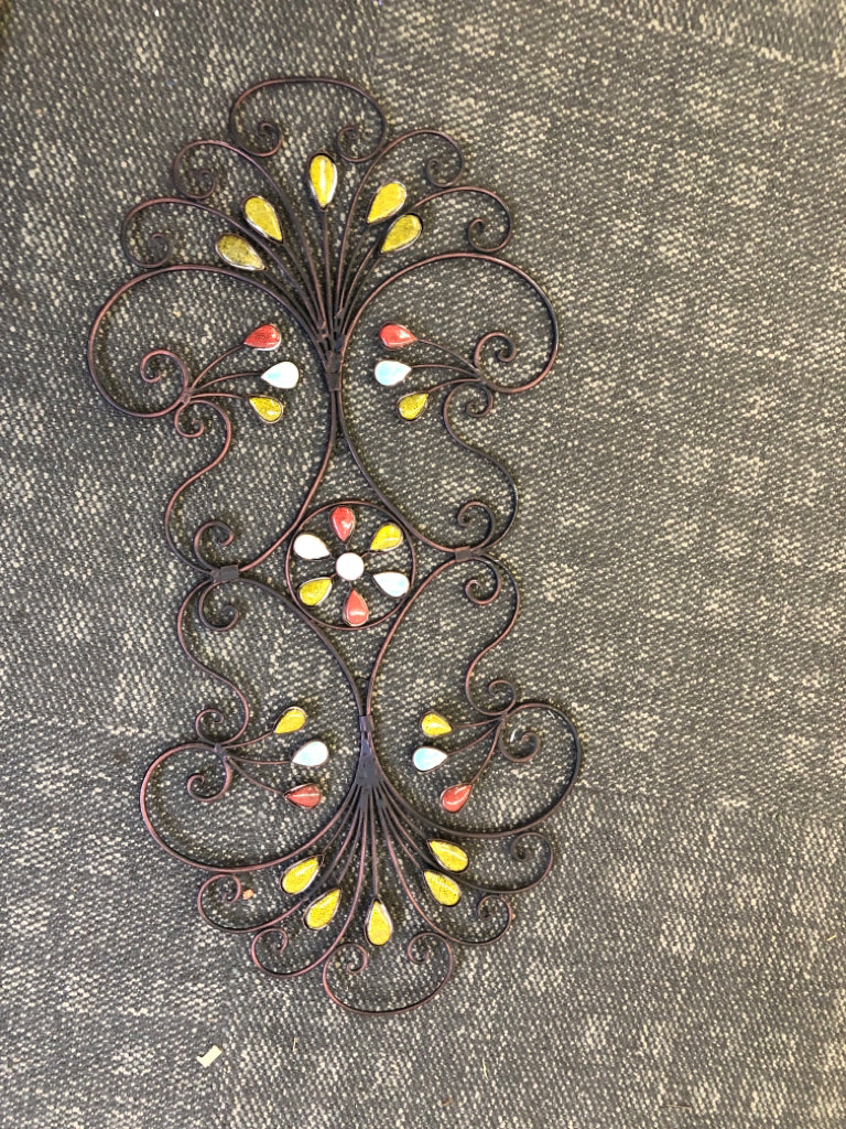 SCROLL METAL WALL ART W/ COLORFUL STONES.