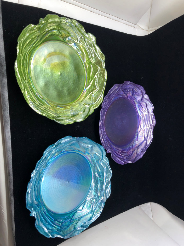 3 MULTI COLORED BLUE, GREEN, PURPLE CENTERPIECE BOWLS.