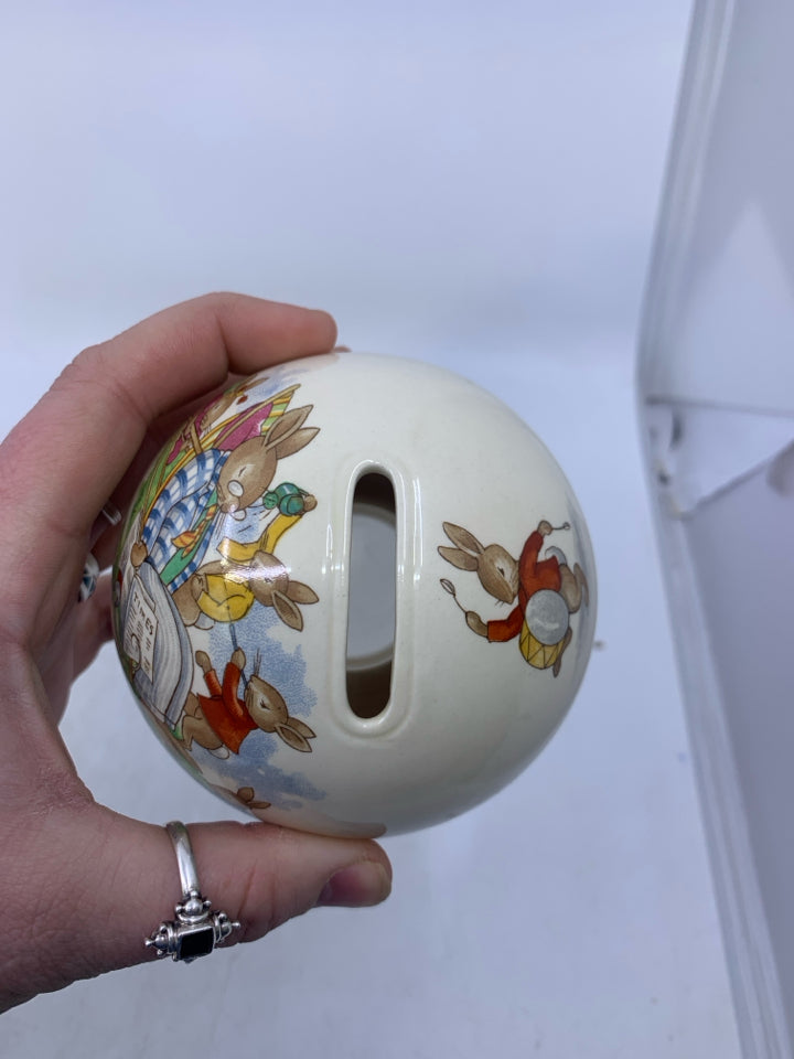 SMALL BUNNYKINS SPHERE IVORY COLORED VASE W/ BUNNIES TRYING TO WAKE UP FATHER FR