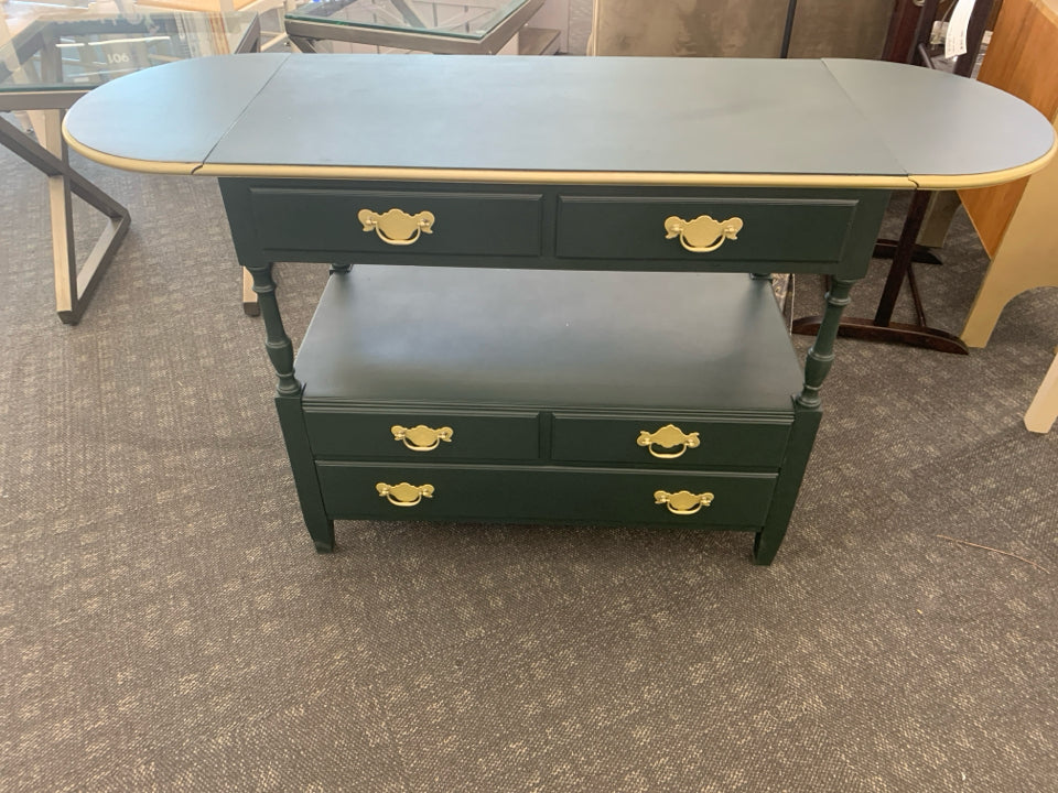 GREEN PAINTED CONSOLE/ BUFFET TABLE WITH FOLDING SIDES.