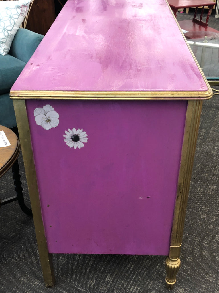 GOLD & PINK DRESSER 5 DRAWERS JEWELED KNOBS PRINTED FLOWERS.