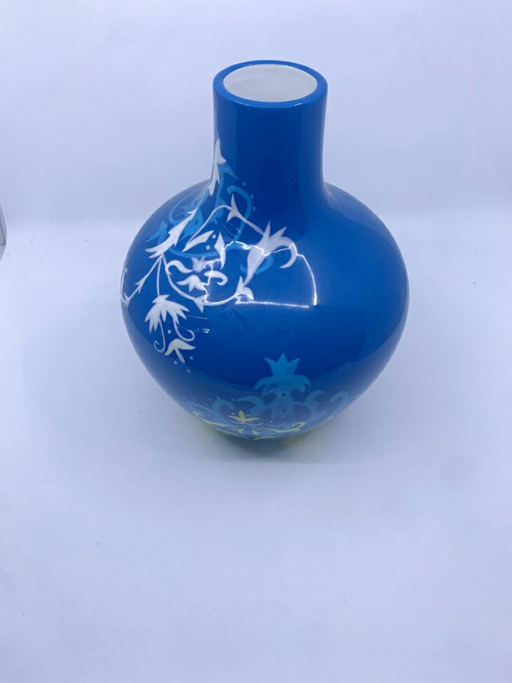 BLUE VASE W YELLOW WHITE DETAIL.