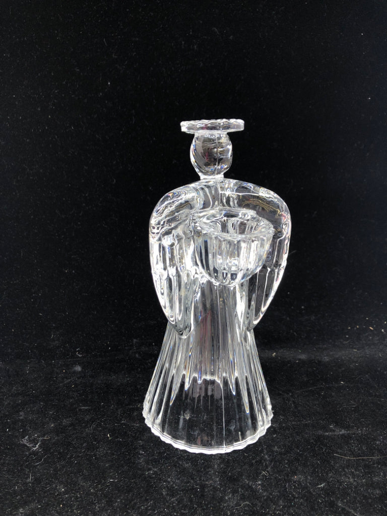 GLASS ANGEL SHAPED TAPERED CANDLE HOLDER.