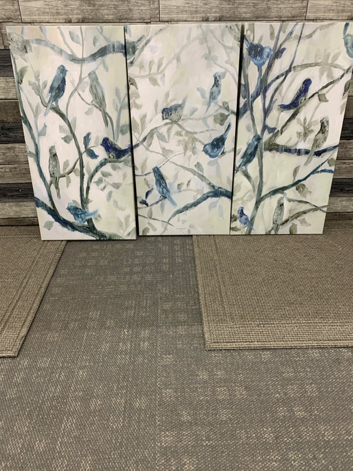 3PC BIRDS ON BRANCHES CANVAS WALL HANGING.