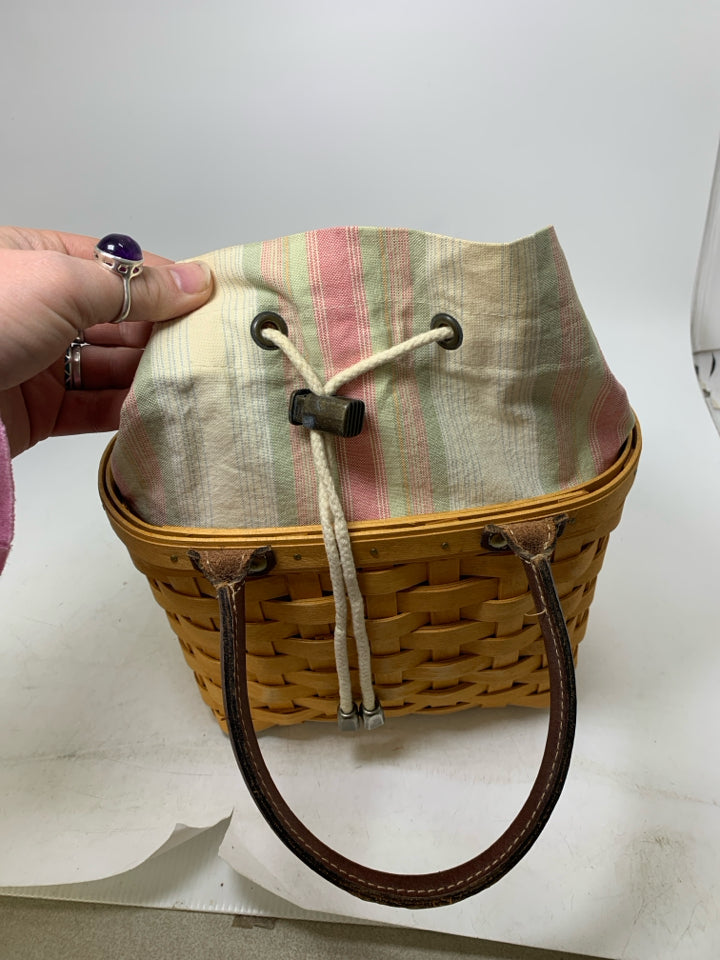 VTG LONGABERGER SMALL BOARDWALK BASKET TOTE W/ DRAWSTRING STRIPED LINER & PROTEC
