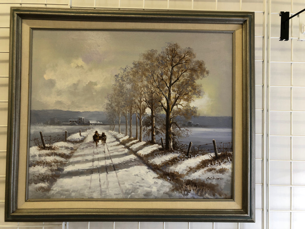 WINTER PAINTED HORSE/BUGGY TREE LINE WALL ART.
