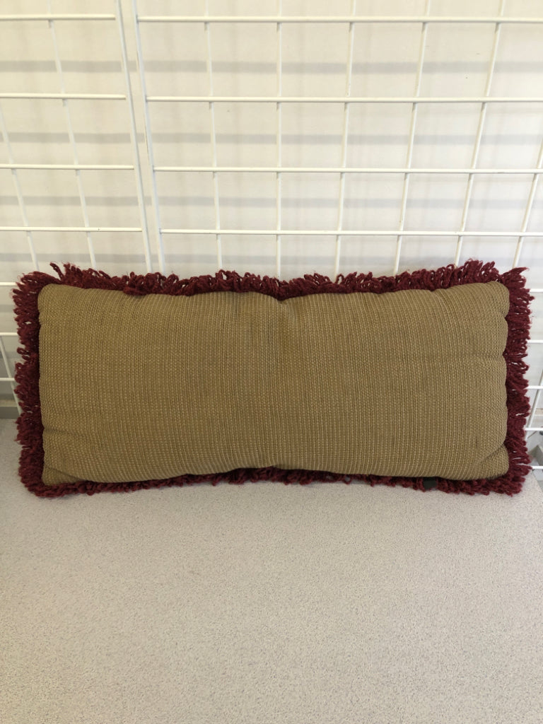 TAPESTRY RECTANGLE ACCENT PILLOW W/RED FRINGE.