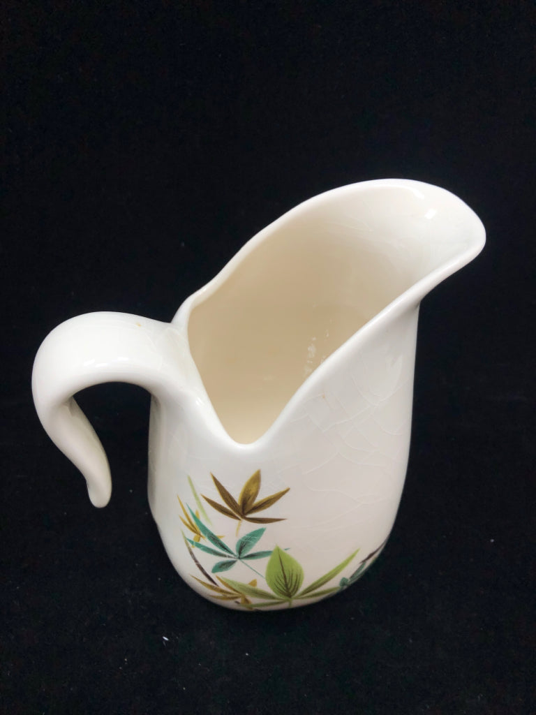 VTG BAMBOO PAINTED CREAM CERAMIC PITCHER.