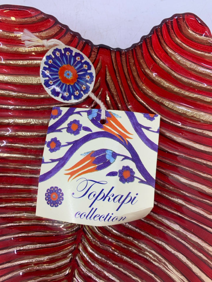 NEW RED/GOLD GLASS CANDY DISH.