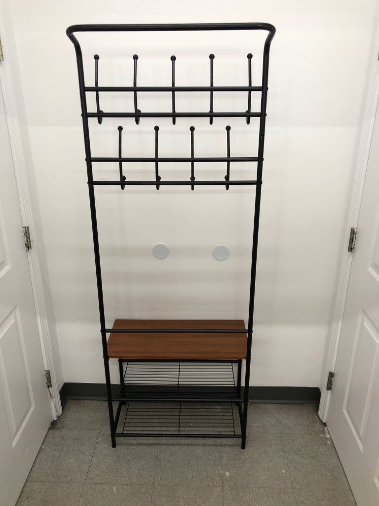 HALL TREE W/COAT HOOKS, SHOE STORAGE- BLACK METAL.
