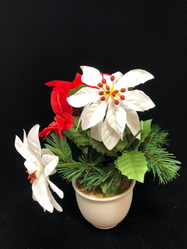 FAUX RED/WHITE POINSETTIA IN WHITE PLANTER.