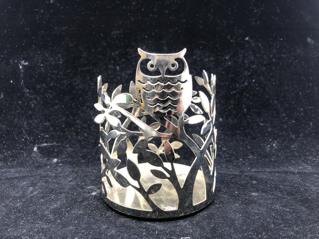 SILVER METAL OWL CANDLE SLEEVE.