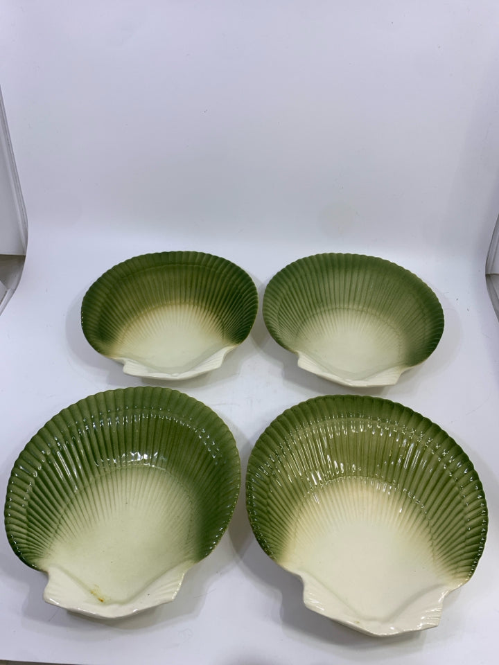 4 GREEN & CREAM SHELL PLATES.