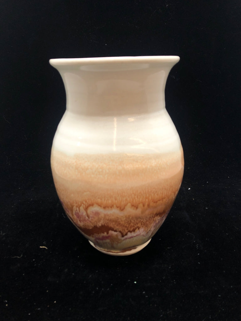 WHITE CERAMIC VASE BROWN/COPPER DRIP.