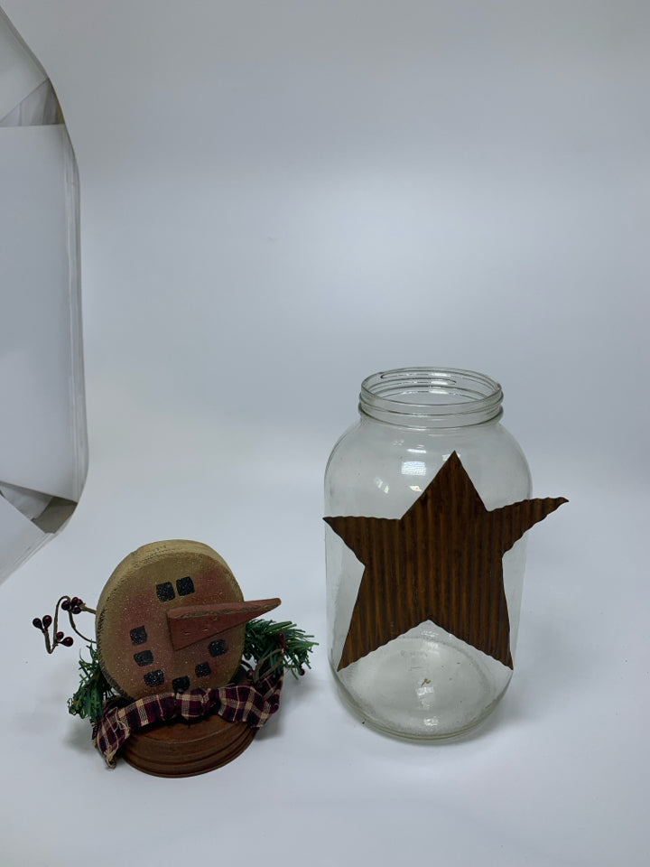 LARGE GLASS JAR W/ WOOD SNOWMAN HEAD ON COVER LAR METAL STAR.