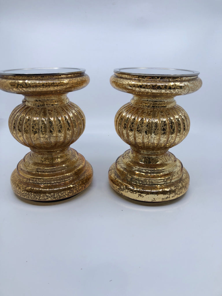 2 GOLD MERCURY GLASS LIGHT UP PILLAR CANDLE HOLDERS.