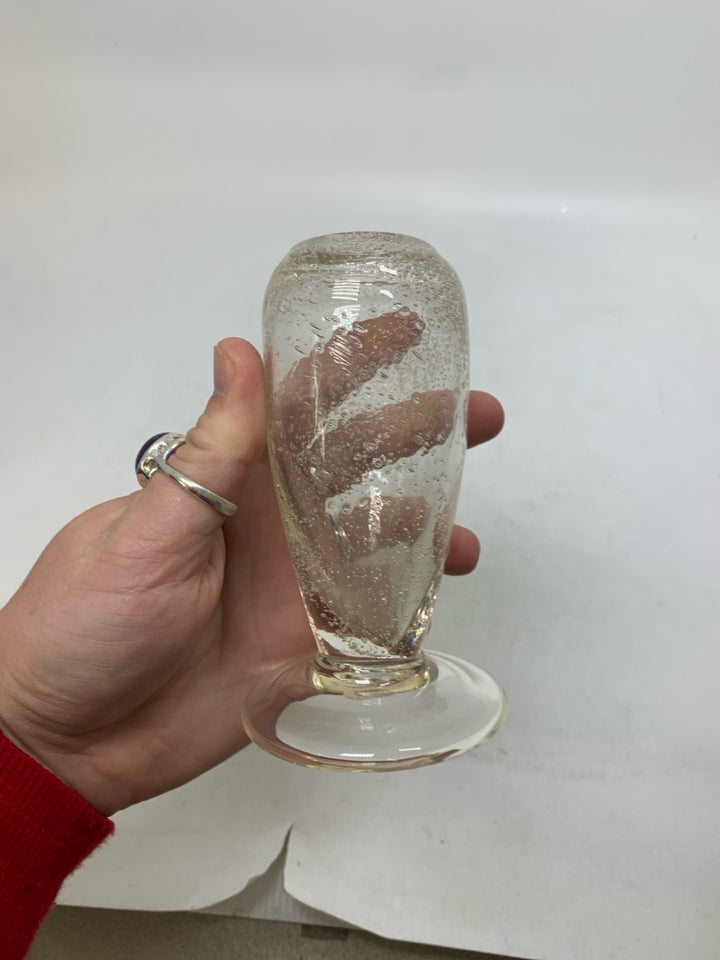 FOOTED BLOWN GLASS VASE W/ BUBBLES.
