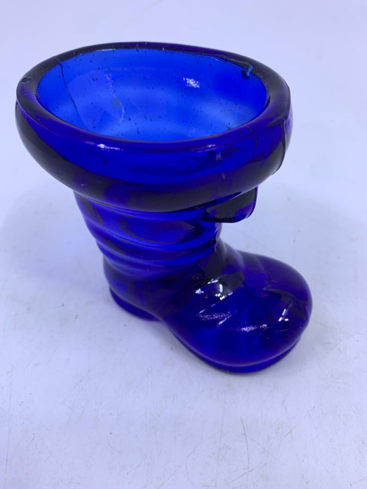 COBALT BLUE GLASS BOOT VASE.