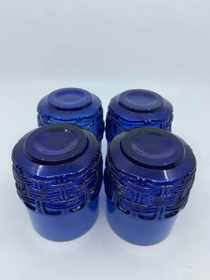 4 COBALT BLUE BASKETWEAVE BOTTOM WATER GLASSES.