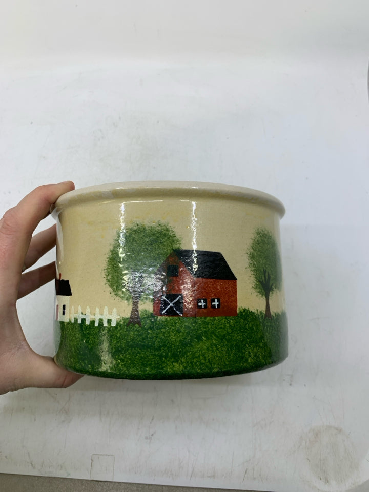 CROCK W/ PRIMITIVE STYLE HOUSES,TREES AND BARN.