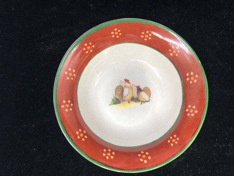 4 RED GREEN ROOSTER BOWLS.