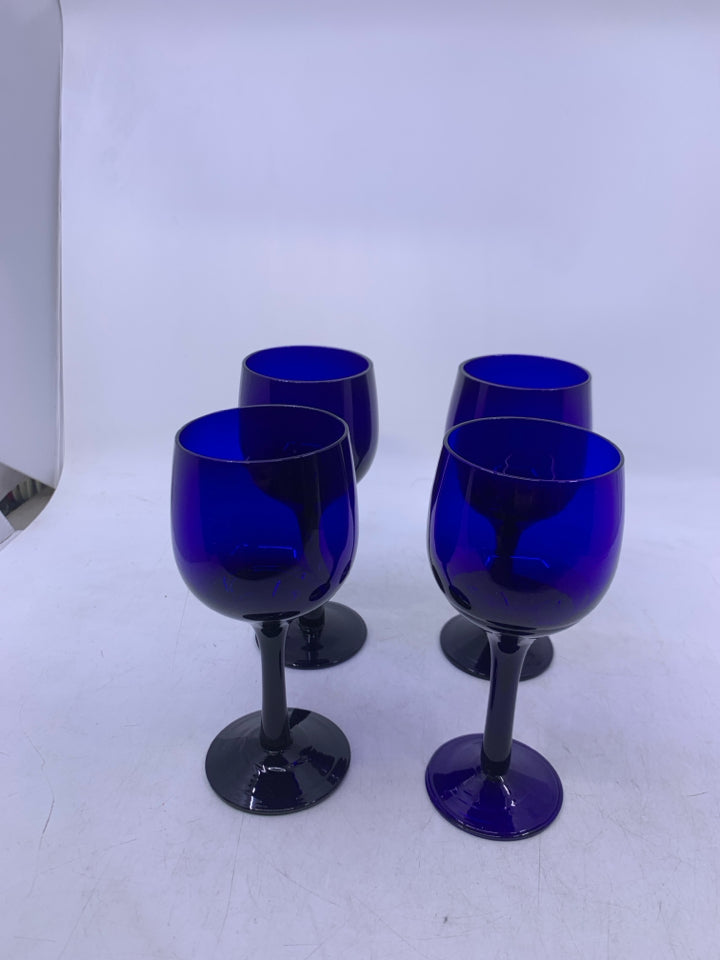 4 SMALL COBALT BLUE WINE GLASSES.