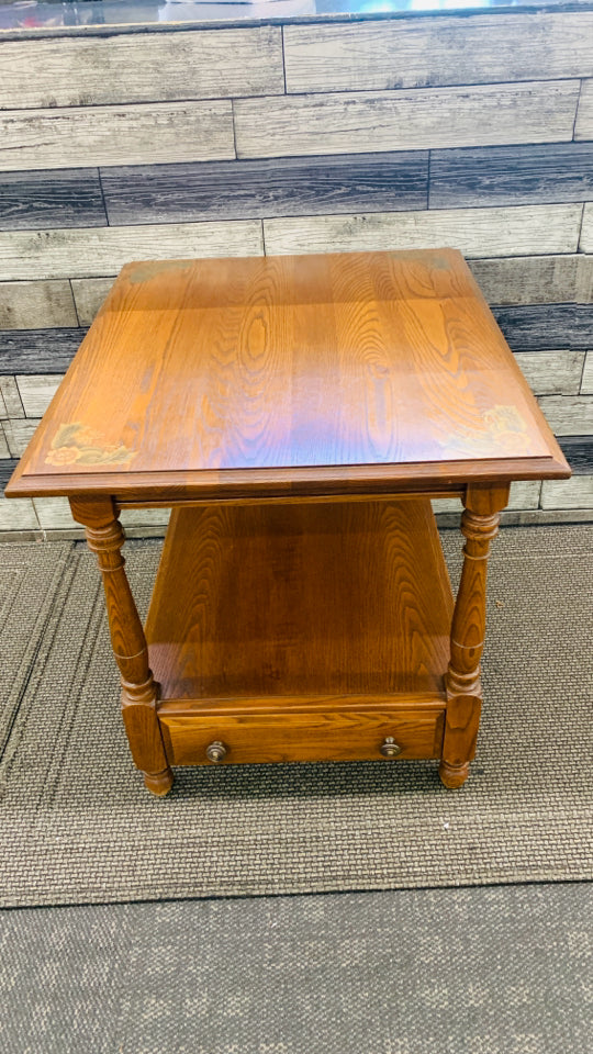 DARK BROWN HITCHCOCK TABLE W ONE LOWER DRAWER.