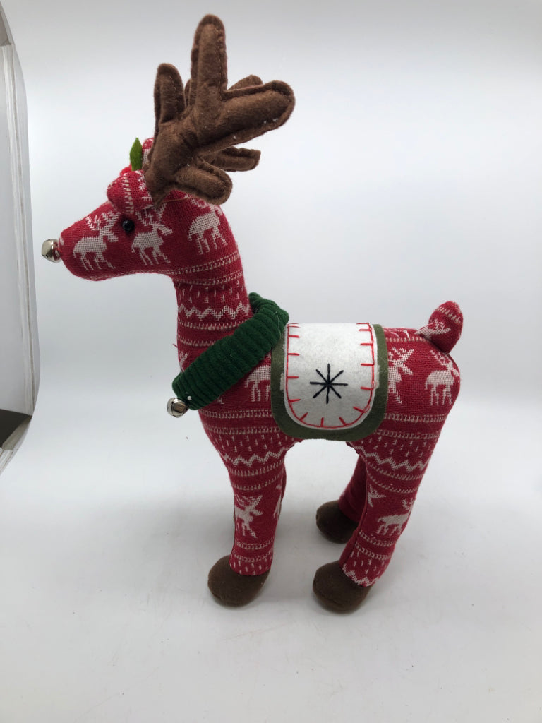 STANDING RED PLUSH REINDEER W/ GREEN COLLARS.