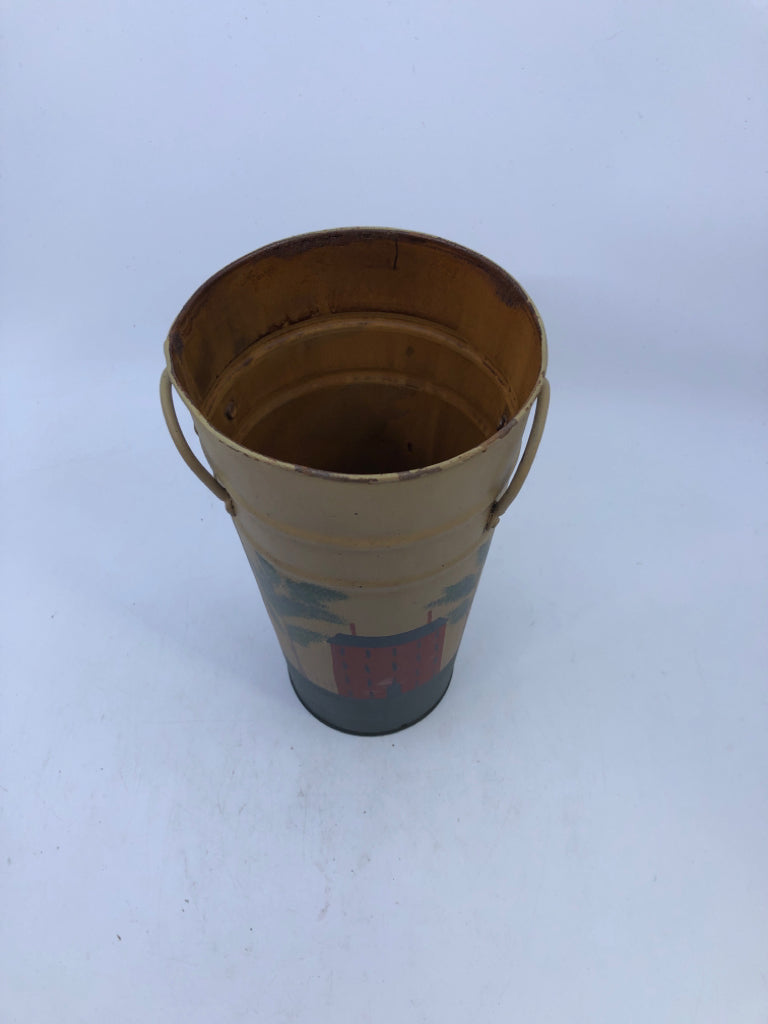 METAL TAN VASE W/ RED PAINTED HOUSE PRIMITIVE.