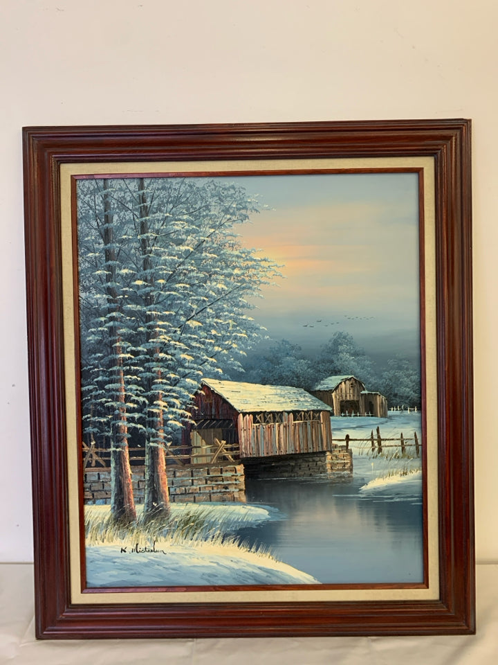 WOODEN BRIDGE WINTER SCENE PAINTING IN CHERRY WOOD FRAME.