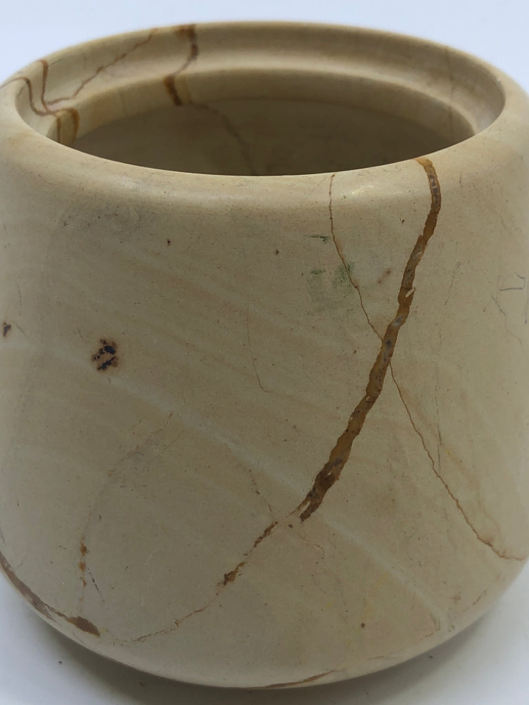 HEAVY TAN STONE SHORT VASE.